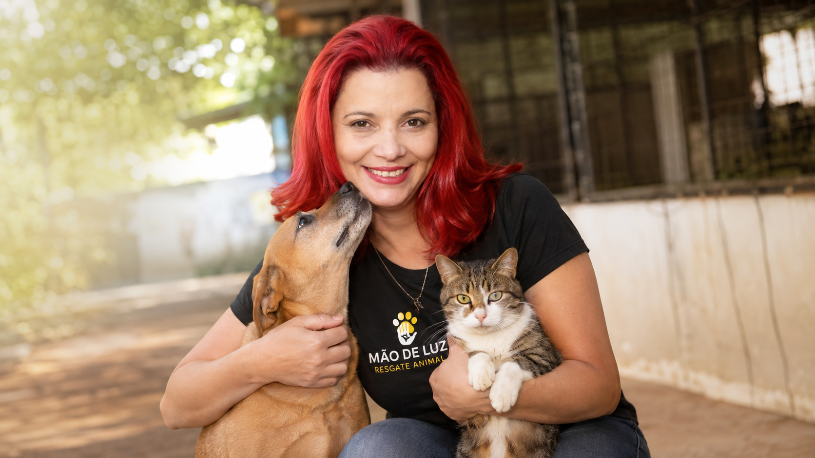 Mulher da ONG Mão de Luz com um cachorro e um gato